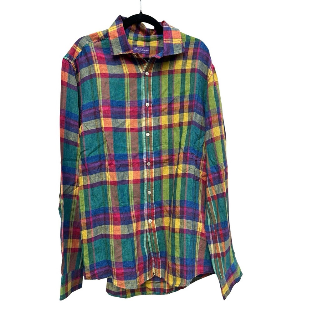 Ralph Lauren Purple Label Mens XL Plaid Linen Shirt Multicolor Made In Italy